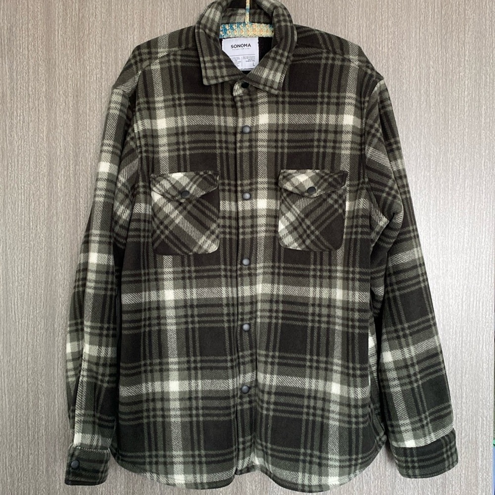 Sonoma Men's Sherpa Lined Plaid Shirt Jacket Size L Green Black